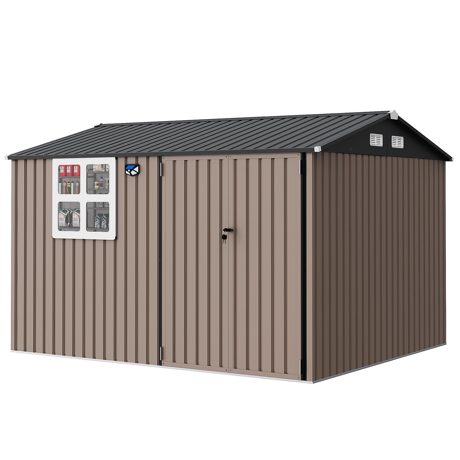 Garvee 8x10 ft Heavy-Duty Metal Storage Shed with Lockable Door & Windows - Galvanized Steel Outdoor Utility Shed with Sloped Roof for Backyard, Garden, Garage, and Patio, Brown