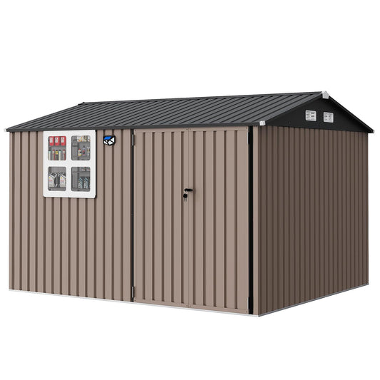 Garvee 8x10 ft Heavy-Duty Metal Storage Shed with Lockable Door & Windows - Galvanized Steel Outdoor Utility Shed with Sloped Roof for Backyard, Garden, Garage, and Patio, Brown