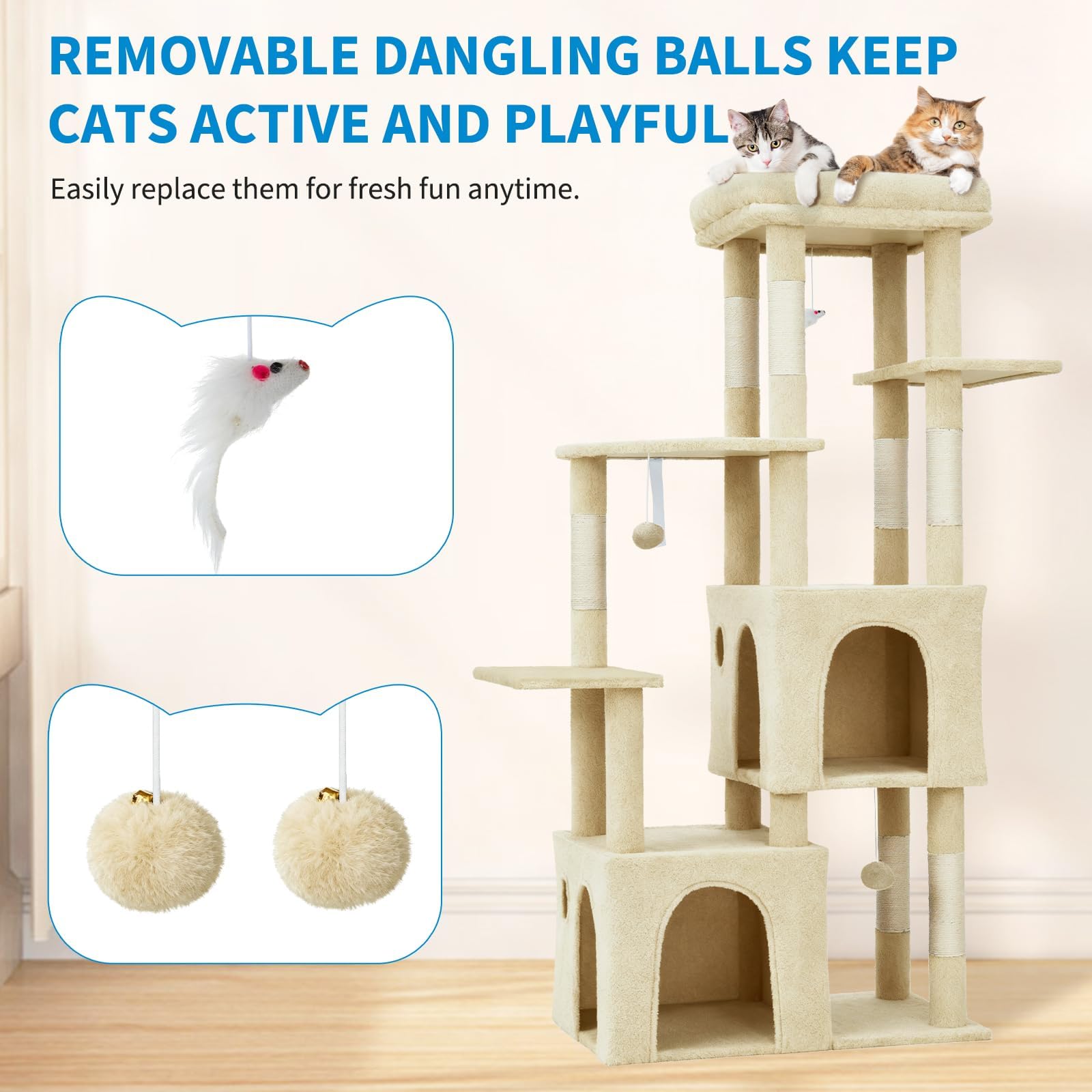 Garvee 61" Multi-Level Cat Tree for Indoor Cats, Heavy-Duty Tower for Large Adult & Maine Coon Cats with Oversized Perch, Dual Condos, Natural Sisal Scratching Posts & Play Toys – Beige