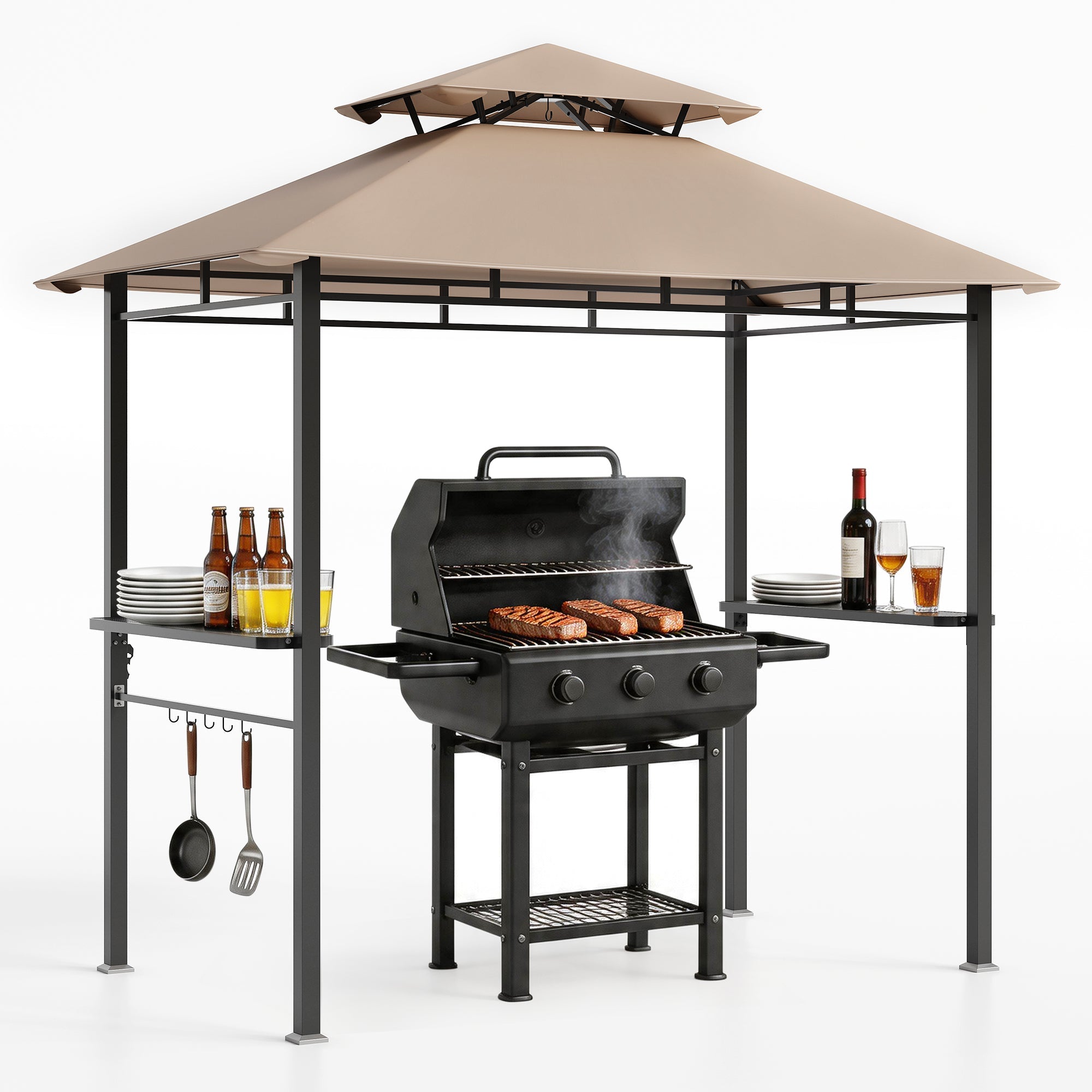Garvee 8' x 5' Double-Tier Grill Gazebo, Waterproof BBQ Canopy Shelter with Vented Roof, 2 Side Shelves, 5 Hooks, Bottle Opener & UPF 100 UV Protection, Heavy-Duty Outdoor Patio Pavilion, Khaki