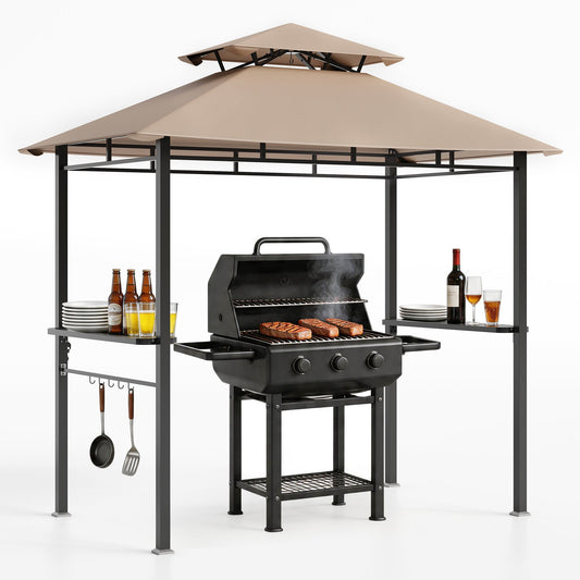 Garvee 8' x 5' Double-Tier Grill Gazebo, Waterproof BBQ Canopy Shelter with Vented Roof, 2 Side Shelves, 5 Hooks, Bottle Opener & UPF 100 UV Protection, Heavy-Duty Outdoor Patio Pavilion, Khaki