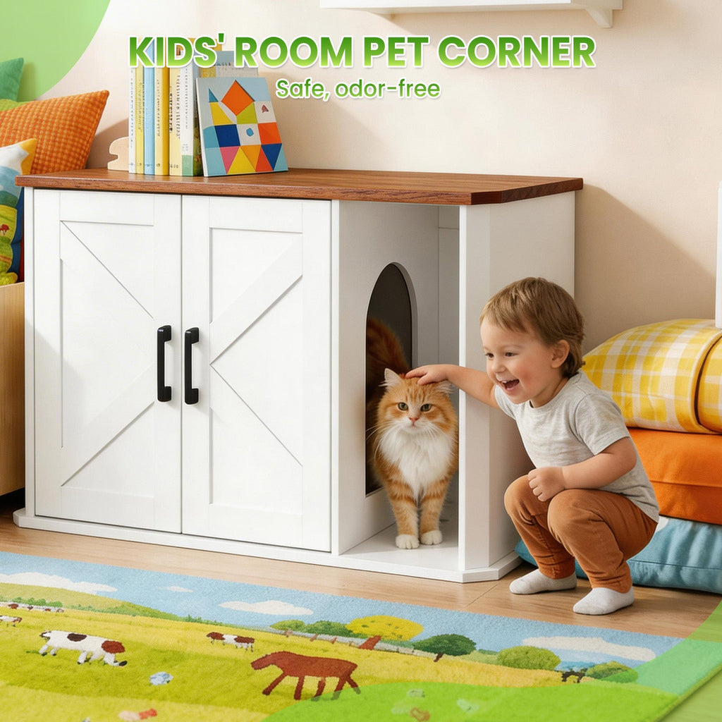 Garvee Modern Wooden Cat Litter Box Furniture – Double-Door Hidden Washroom Cabinet with Side Entry – Easy to Clean, Odor Control – Spacious Cat House End Table – Yunxi White Brown
