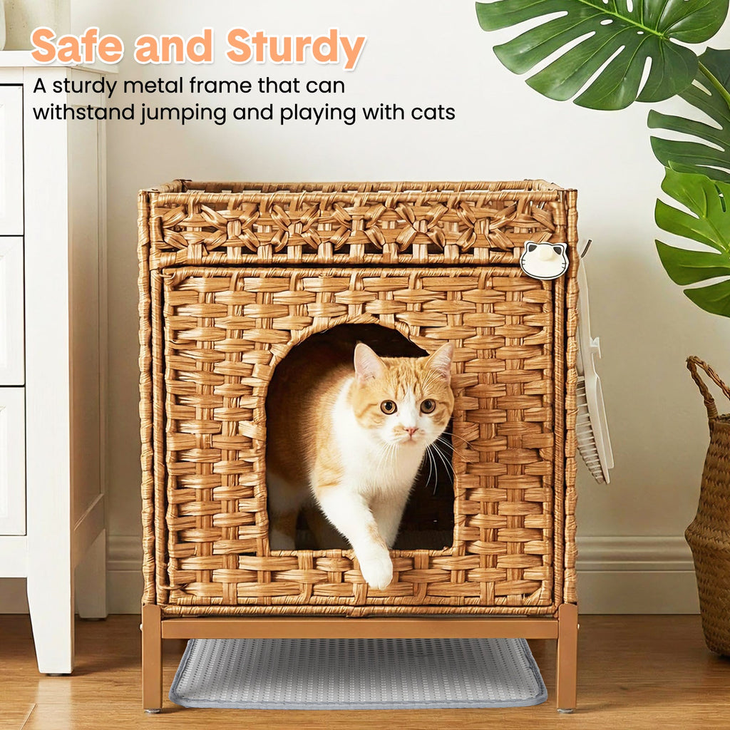 Garvee Cat Litter Box Enclosure Hidden Litter Box Furniture with Metal Heightened Feet, Rattan Handwoven Cat House with Litter Mat, Hidden Litter Box Furniture for Bedroom Living Room, Natural