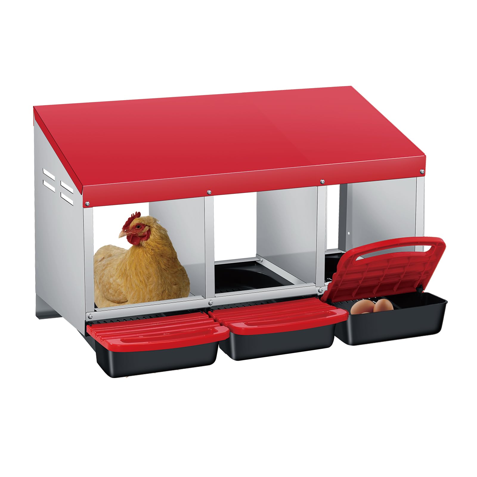 Garvee 3-Compartment Chicken Nesting Box – Automatic Roll-Away Tray & Support Stand, Red
