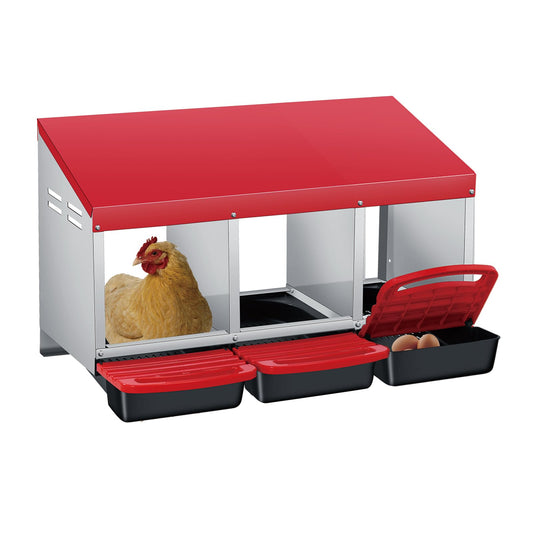 Garvee 3-Compartment Chicken Nesting Box – Automatic Roll-Away Tray & Support Stand, Red