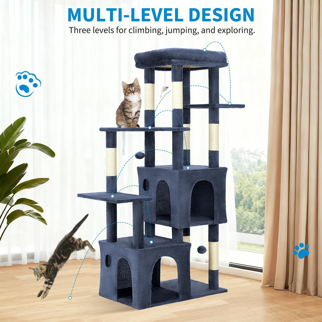 Garvee 61" Multi-Level Cat Tree for Indoor Cats, Heavy-Duty Tower for Large Adult & Maine Coon Cats with Oversized Perch, Dual Condos, Natural Sisal Scratching Posts & Play Toys – Blue