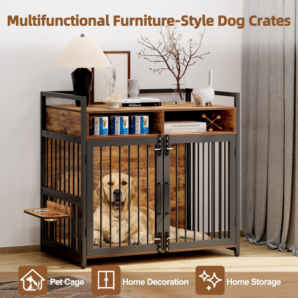 Garvee 48 Inch Dog Crate Furniture, Chew-Resistant Wooden Dog Cage Indoor with Doors, Dog House Side End Table, Heavy Duty Indoor Kennel for Medium/Large Dogs