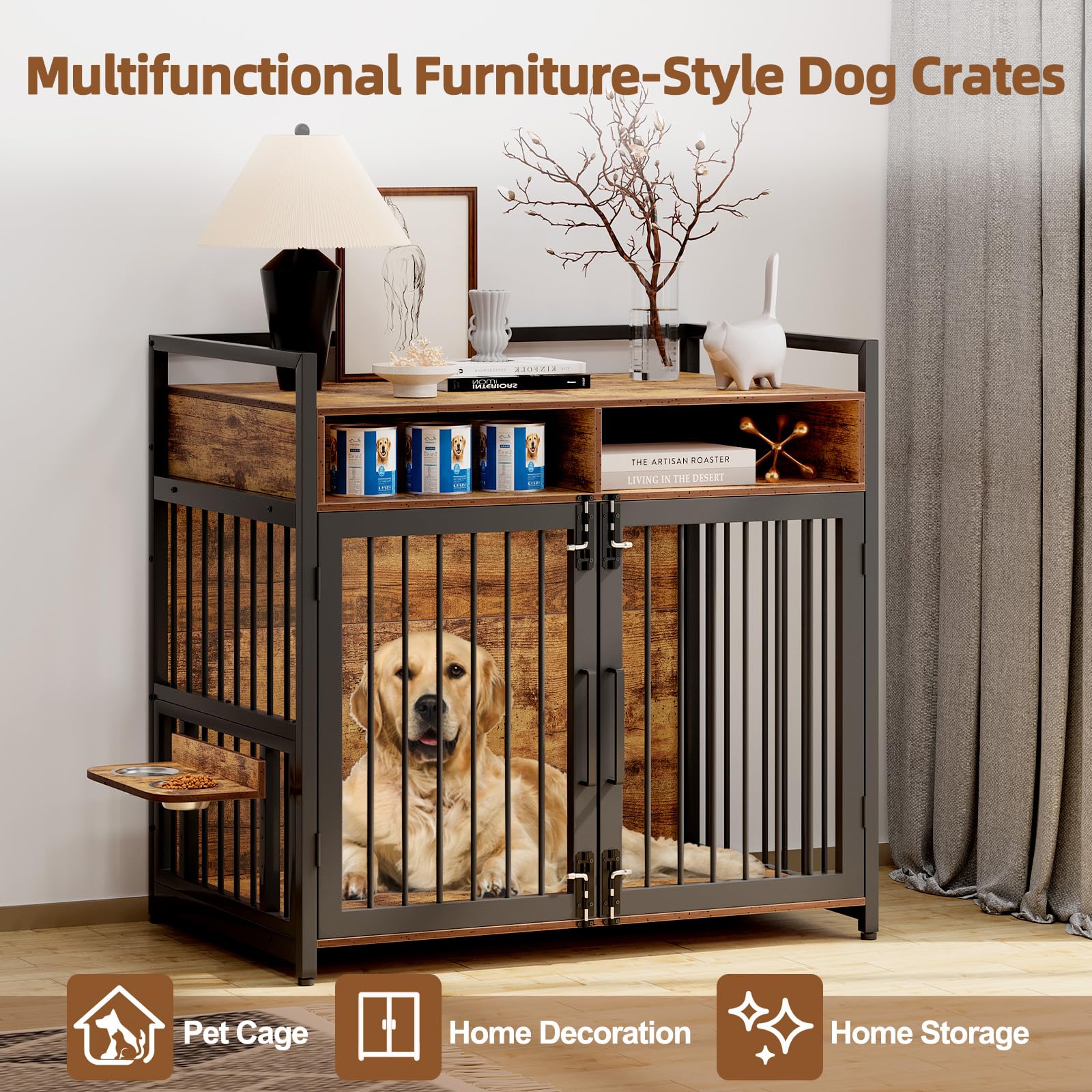 Garvee 48 Inch Dog Crate Furniture, Chew-Resistant Wooden Dog Cage Indoor with Doors, Dog House Side End Table, Heavy Duty Indoor Kennel for Medium/Large Dogs