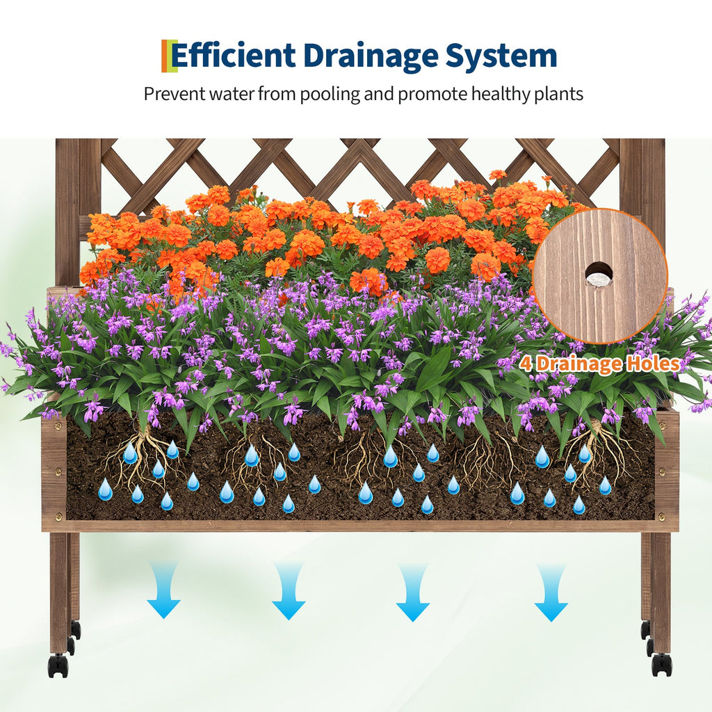 Garvee Raised Garden Bed with Trellis, 2-Tier Brown Wooden Planter on Wheels with Legs and Drainage Holes for Patio, Balcony and Backyard Gardening
