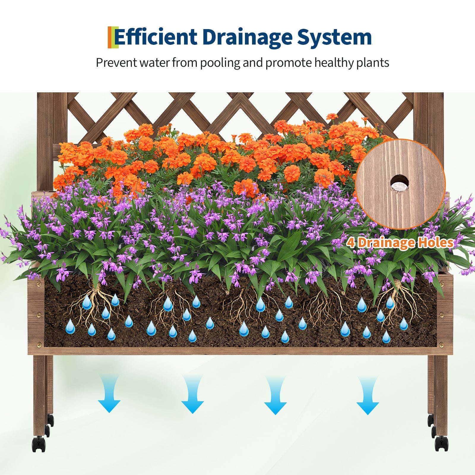 Garvee Raised Garden Bed with Trellis, 2-Tier Brown Wooden Planter on Wheels with Legs and Drainage Holes for Patio, Balcony and Backyard Gardening