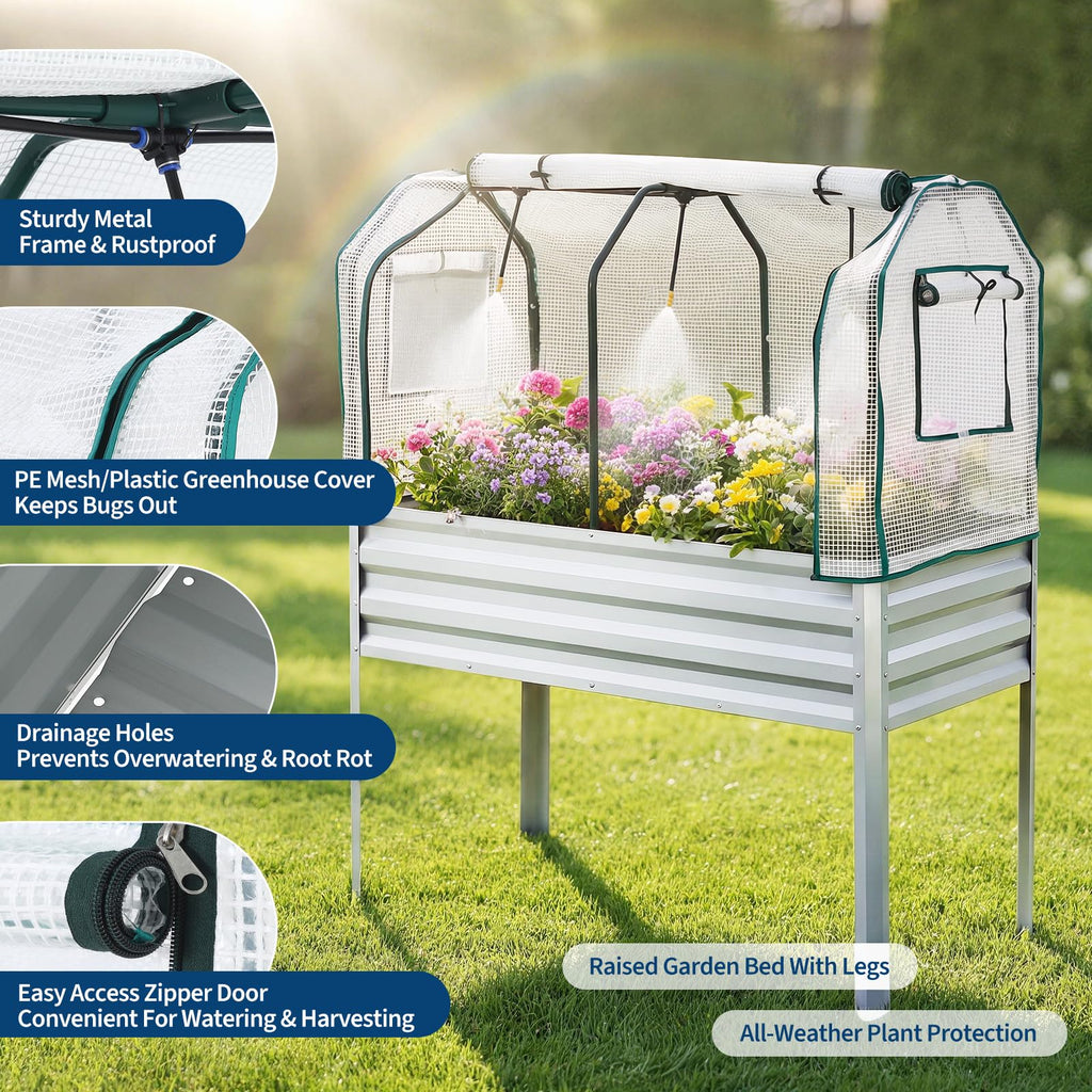 Garvee Elevated Raised Garden Bed, 48 x 24 x 56-Inch Galvanized Metal Planter with Greenhouse Cover, Bird Net and 4 Plant Signs for Patio Gardening, Silver