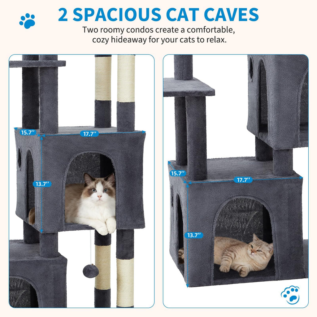 Garvee 61" Multi-Level Cat Tree for Indoor Cats, Heavy-Duty Tower for Large Adult & Maine Coon Cats with Oversized Perch, Dual Condos, Natural Sisal Scratching Posts & Play Toys – Dark Gray