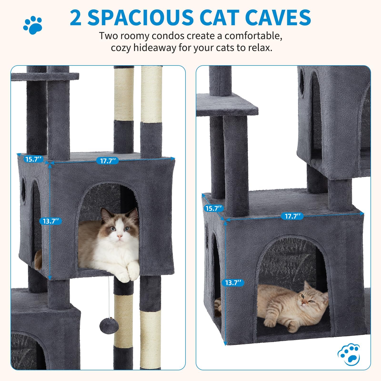 Garvee 61" Multi-Level Cat Tree for Indoor Cats, Heavy-Duty Tower for Large Adult & Maine Coon Cats with Oversized Perch, Dual Condos, Natural Sisal Scratching Posts & Play Toys – Dark Gray