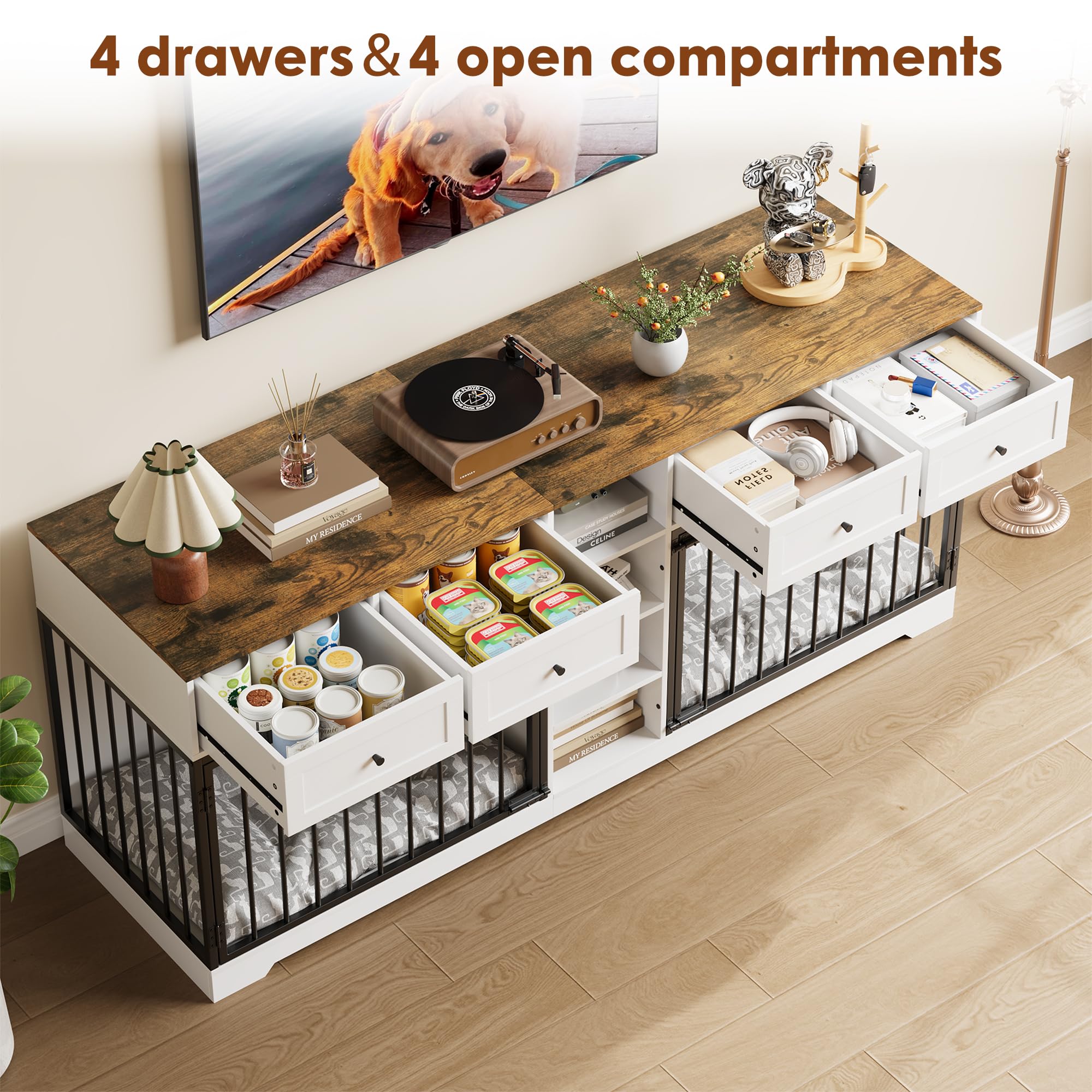 Garvee 82" Large Dog Crate for 2 Dogs, Dog Kennel Indoor with 4 Drawers and Shelves, Double Dog Crate Furniture TV Stand, Wooden Dog Cage for Medium Large Dogs, White
