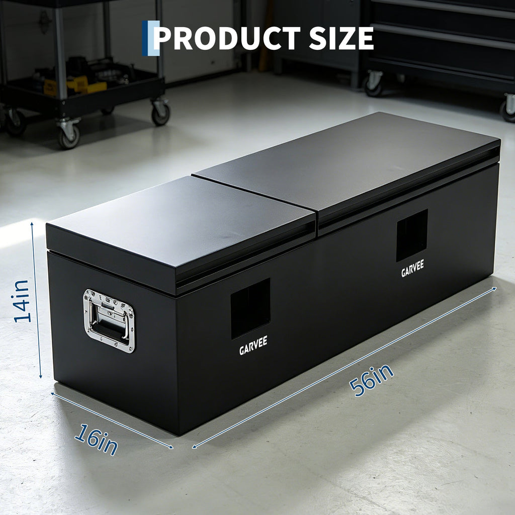 Garvee 56"X16"X14" Heavy Duty Steel Truck Bed Tool Box, Double Lid, Grooved Weatherproof Metal Chest with T-Handle & Side Handle, Durable Organizer for Pickup Truck, RV, Trailer, Front Double, Black