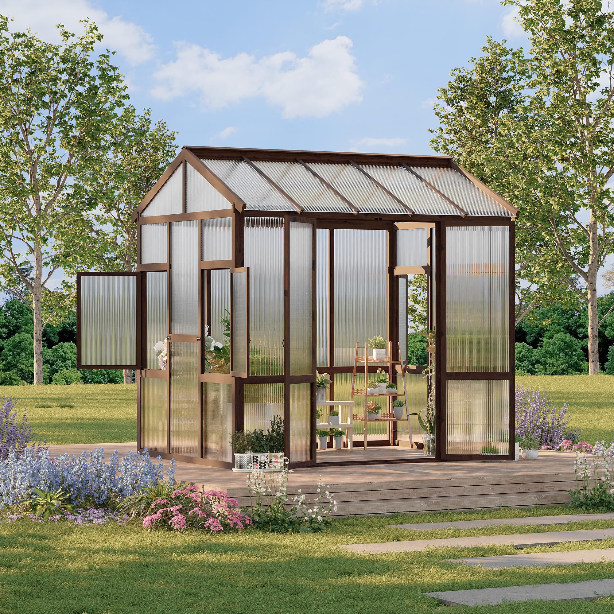 Garvee Heavy Duty Wooden Greenhouse 6x8 FT for Outdoor - Walk-in Kit with 6mm Polycarbonate Panels, Ventilated Window, Lockable Door - Ideal for Backyard, Patio, Lawn, Sturdy Wood