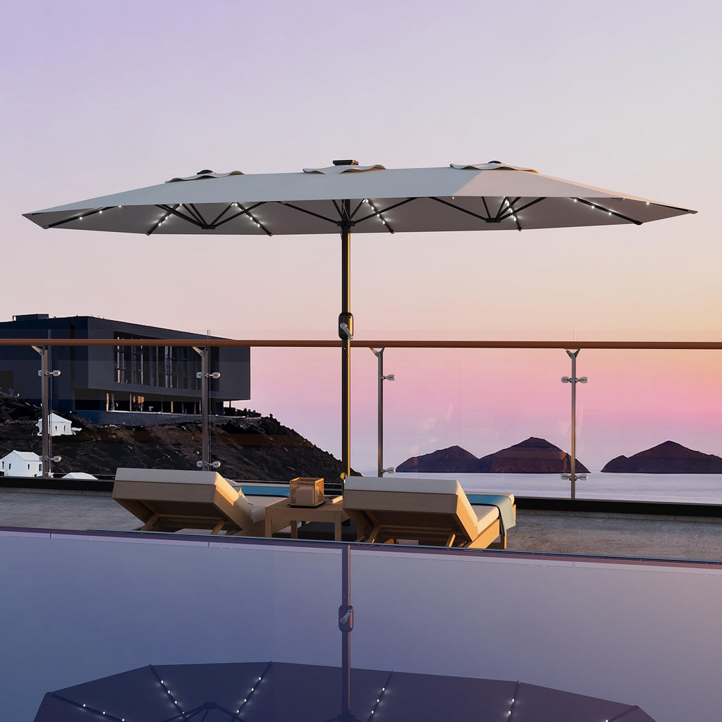 Garvee 15' Rectangular Patio Umbrella with Solar LED Lights & Base, Crank Handle UV-Resistant Outdoor Market Umbrella for Backyard, Pool & Patio, Beige