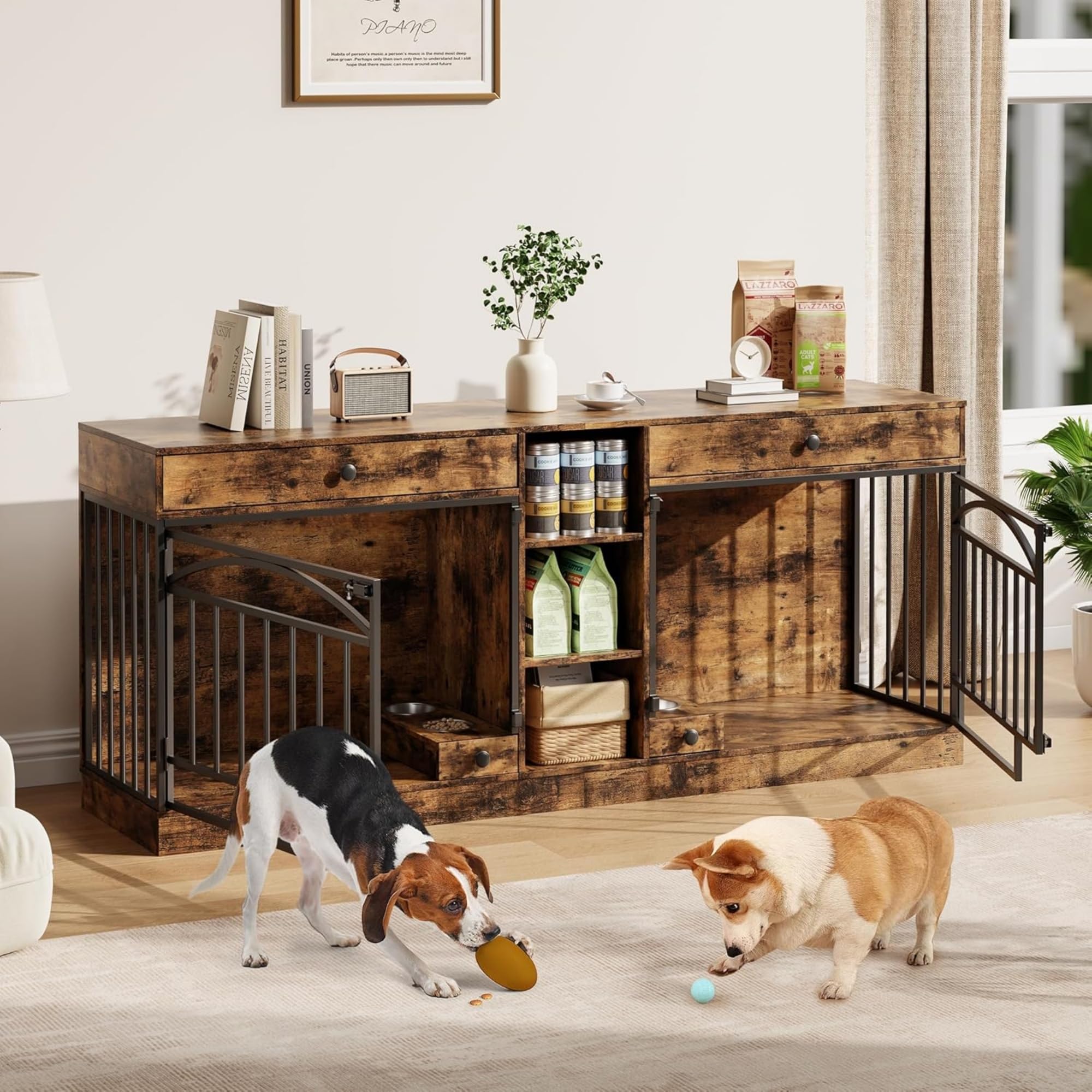 Garvee Dog Crate Furniture for 2 Dogs, 78.7" Large Dog Kennel Indoor with 2 Storage Drawers, 3 Shelves and Feeding Bowls, Double Dog Crate TV Stand for Small and Medium Dogs, Brown