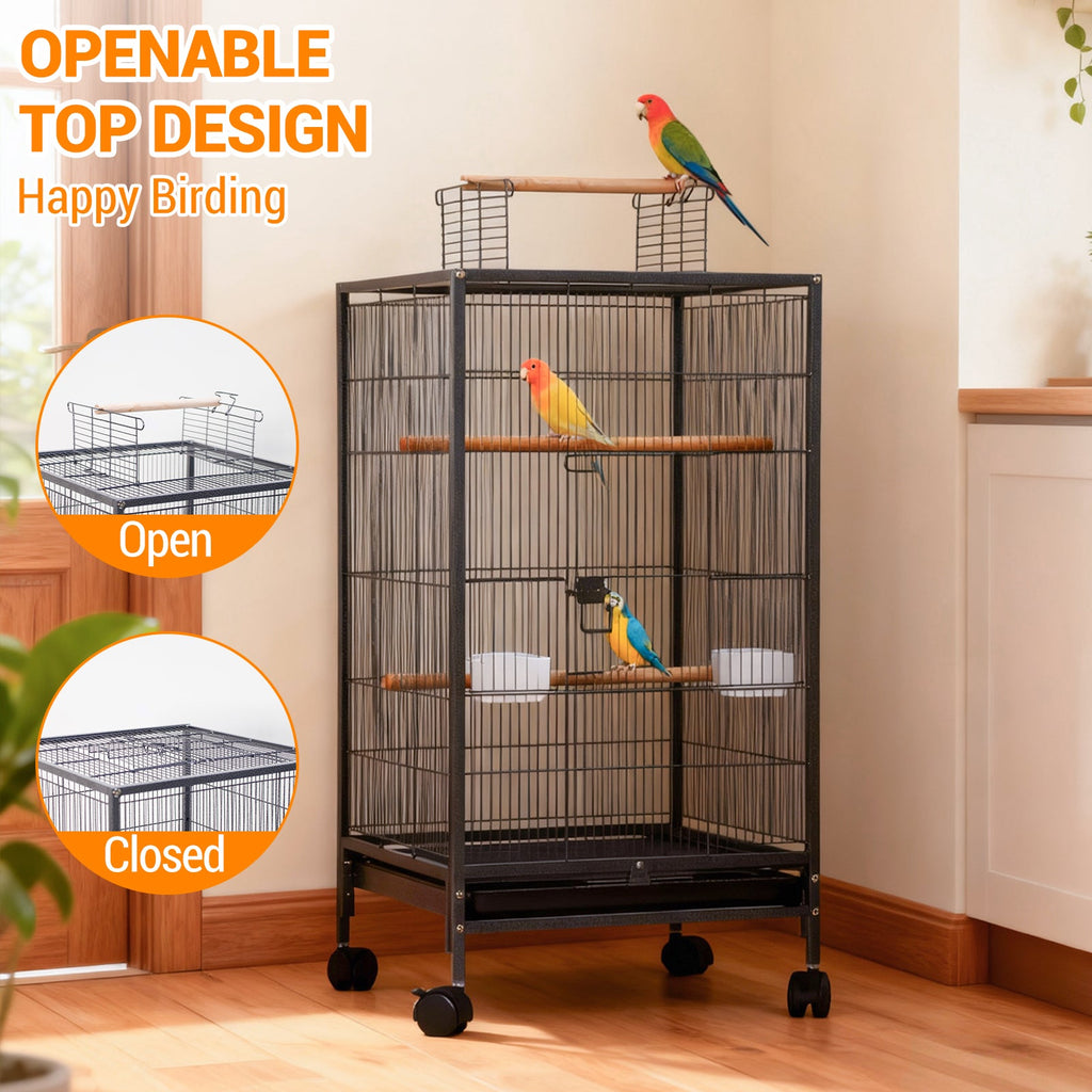 Garvee Spacious Metal Bird Cage with Open Play Top – Large Parrot Cage on Rolling Stand – Easy-Clean Slide-Out Tray – Ideal for Budgies, Parakeets, Cockatiels, Finches – Black, 45.5x45.5x100.5cm