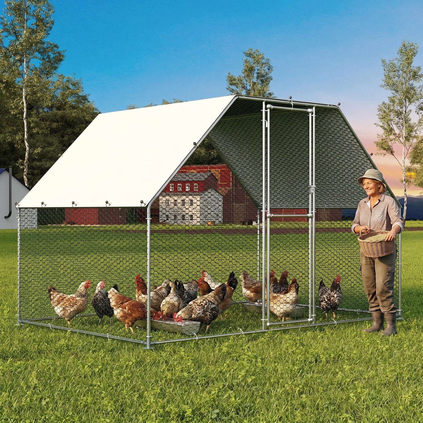 Garvee  9.73' x 6.40' x 6.03'  Spacious Metal Chicken Coop for 6-10 Chickens – Outdoor Walk-In Poultry Cage with Anti-UV Waterproof Cover – Durable Backyard Pen