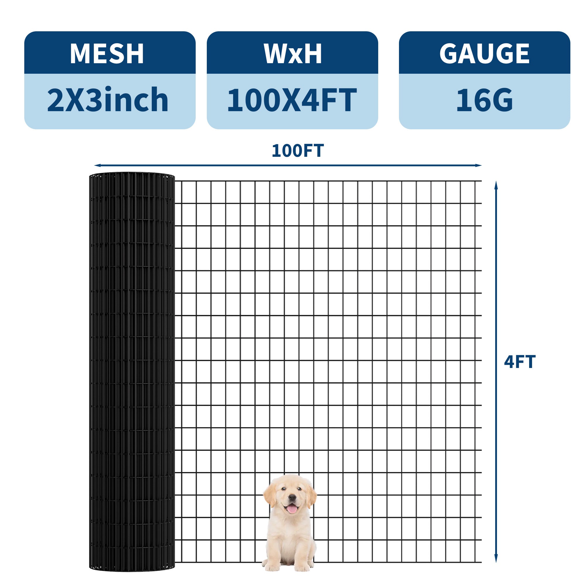 Garvee PVC Coated Welded Wire Fence Roll, 48 Inch x 100 Foot Black Vinyl Metal Mesh Fencing, 16 Gauge Galvanized Wire with 2 in x 3 in Mesh, Heavy-Duty Garden Border Pen for Vegetables, Plants & Poultry