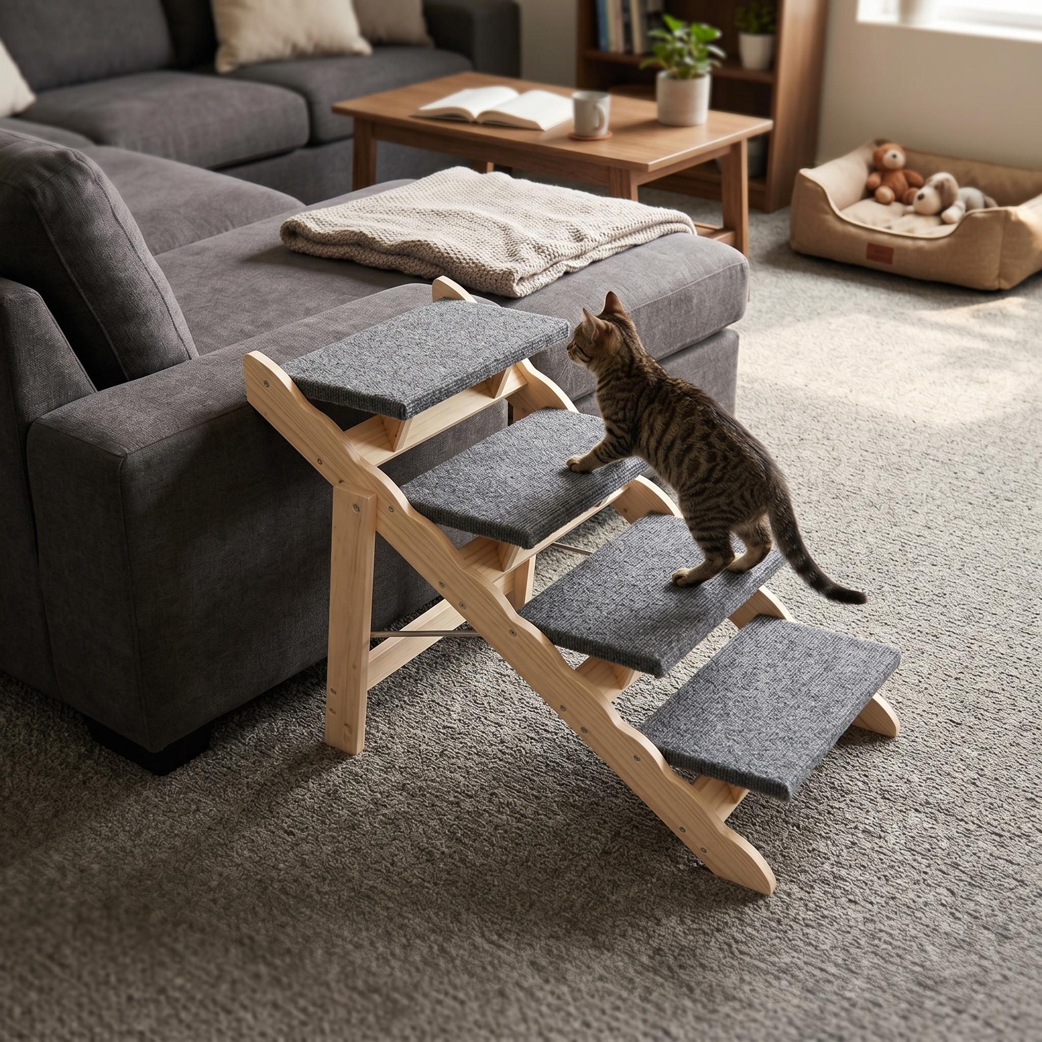 Garvee Wood Pet Stairs, 4-Step Dog Stairs for Beds, Sofa & Cars, 150 lbs Load Capacity, Folded Flat Design, Stable and Sturdy Dog & Cat Step Ladder for for Older Pets and Puppies