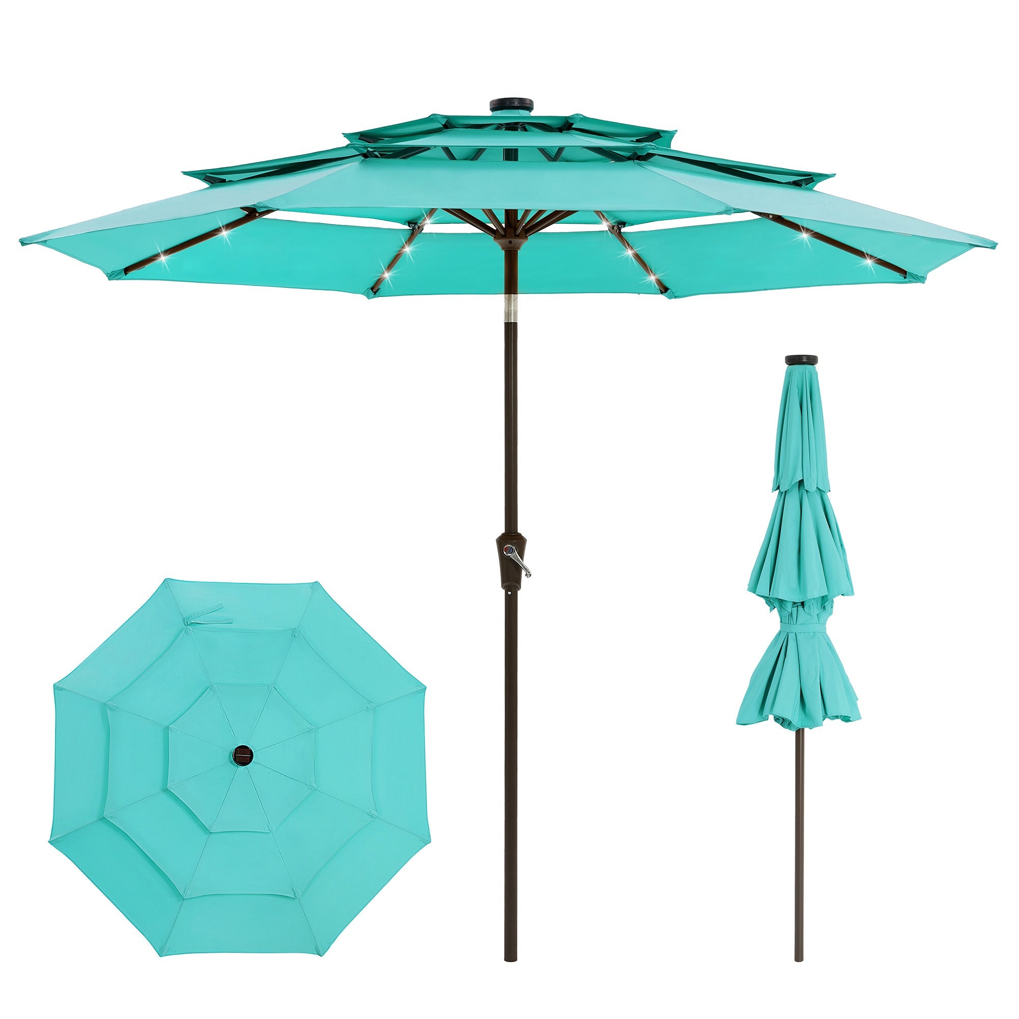 Garvee 9FT 3-Tier Solar LED Patio Umbrella, UV-Resistant Outdoor Market Umbrella with Crank & Tilt, 24 LED Lights & 8 Ribs, Light Blue