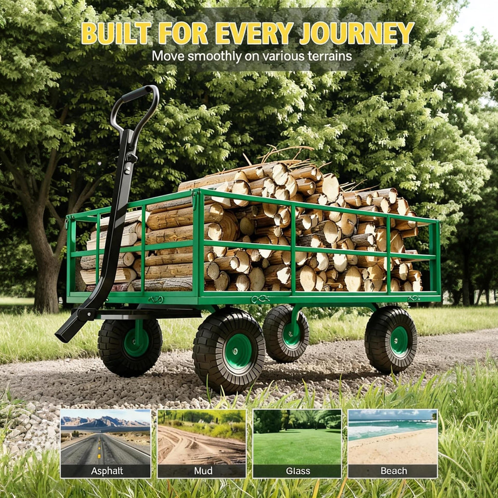 Garvee Steel Garden Cart, 1200 lbs Capacity Utility Wagon with 13-Inch Wheels, Removable Mesh Sides and 2-in-1 Pull Handle for Yard and Lawn Work, Green