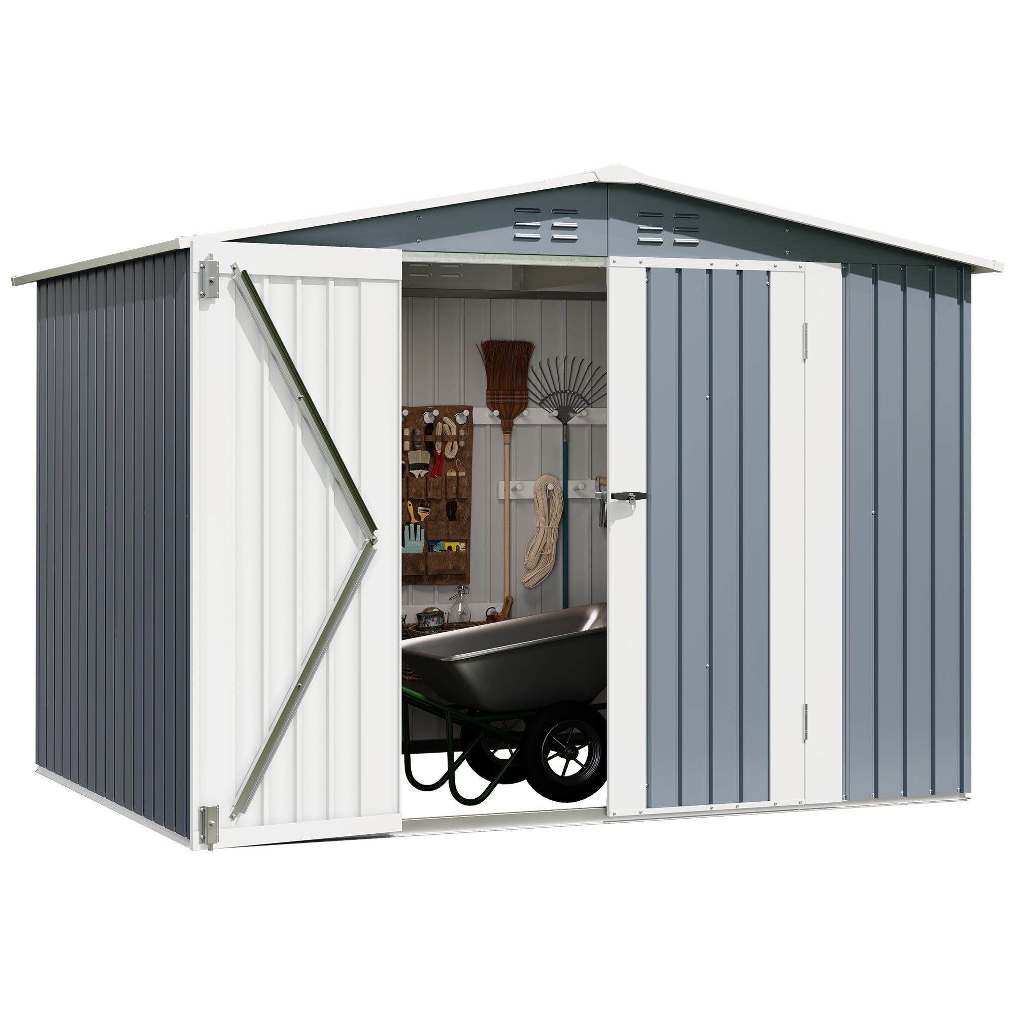 Garvee Weather-Resistant Metal Outdoor Storage Outdoor Storage 8x6 FT – Lockable Double Doors, Vents, Secure Garden Tool Organizer for Backyard, Patio, Lawn Equipment – Gray Color