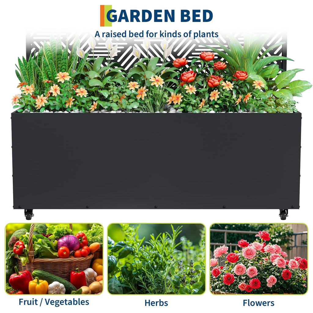 Garvee Metal Planter Box with Trellis and Wheels, 71"x47"x16" Raised Garden Bed for Climbing Plants, Vegetables, Vines, Privacy Planters for Patio with Drainage Holes, 15.7" Deep Planting Bed