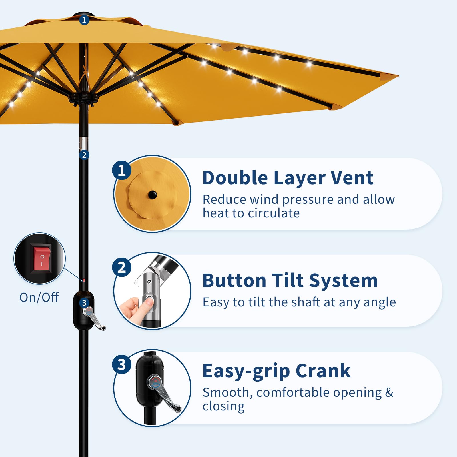 Garvee 10 FT Patio Umbrella with Solar Lights, Outdoor Table Umbrella with 8 Durable Ribs, Tilt & Crank Mechanism, Waterproof & UV Protection for Garden, Backyard, Poolside, Yellow
