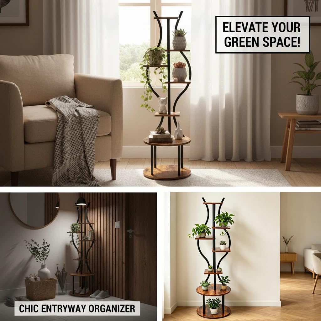 Garvee 57-Inch 7-Tier Plant Stand, Tall Metal Corner Plant Shelf with Wood-Look Shelves, Adjustable Feet and Anti-Tip Straps for Living Room, Balcony and Covered Patio, Black/Wood