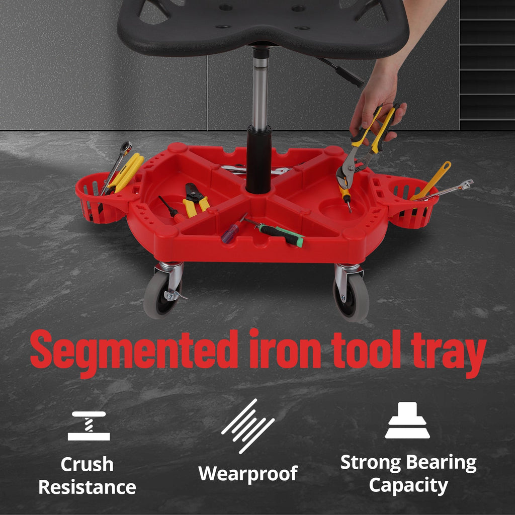 Garvee Heavy-Duty Adjustable Rolling Mechanic Stool, 300 lbs Capacity, 360° Swivel Wheels, Ergonomic Padded Seat with Short Backrest, Large Tool Tray, Water Bottle Holder, and Lifting Ring, Red