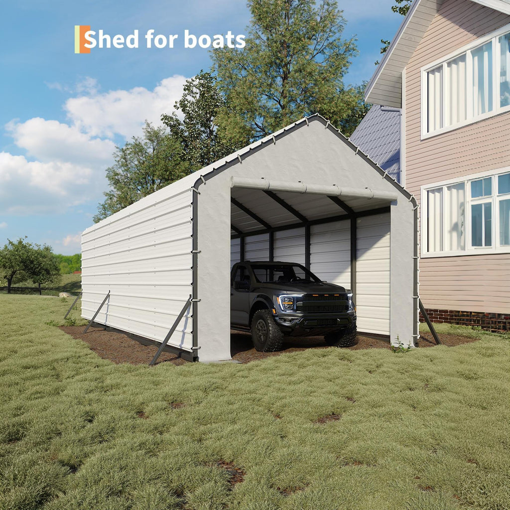Garvee Carport Replacement Door Panel, 13 FT Wide 220 GSM Polyethylene Tarp with Zippered Door, 110° Roof Angle, UV-Resistant White End Panel for Metal Carports