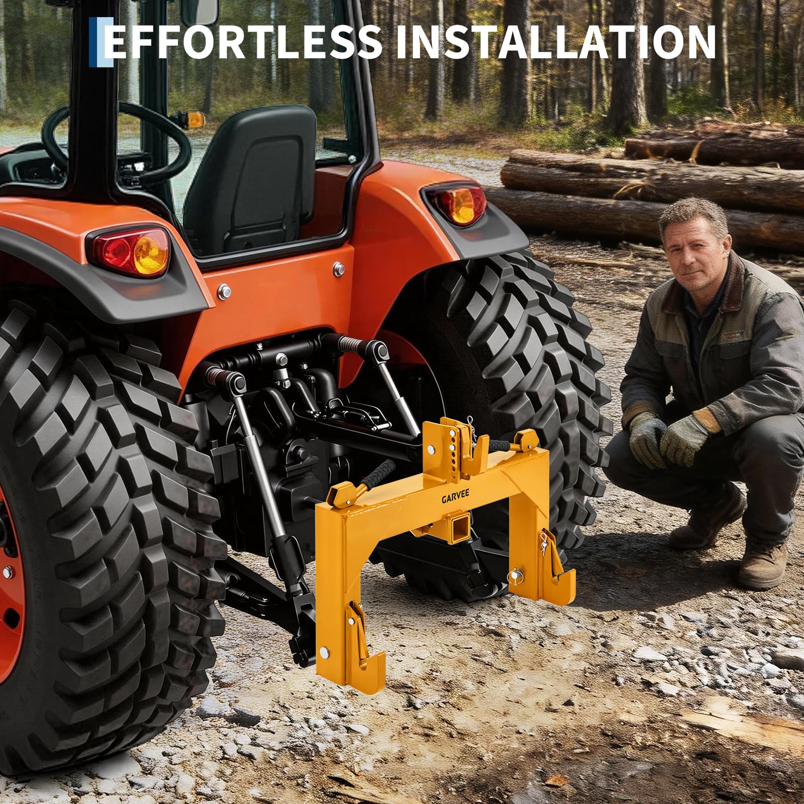 Garvee Heavy-Duty Category 1 3-Point Quick Hitch for Tractor, 3000 lbs Lift Capacity with Built-In 2" Receiver, 5-Level Bolt-On Adjustable Top Hook Tractor Attachment, No Bushing Required, Yellow Finish (24" x 24")