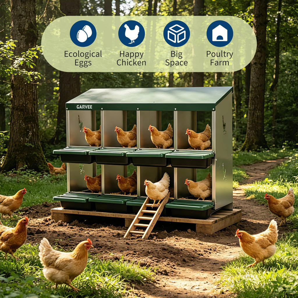Garvee 8-Compartment Metal Chicken Nesting Box, Roll Away Layering Box with Sloped Anti-Perch Roof, 41.7"x12.8"x30.9", Green