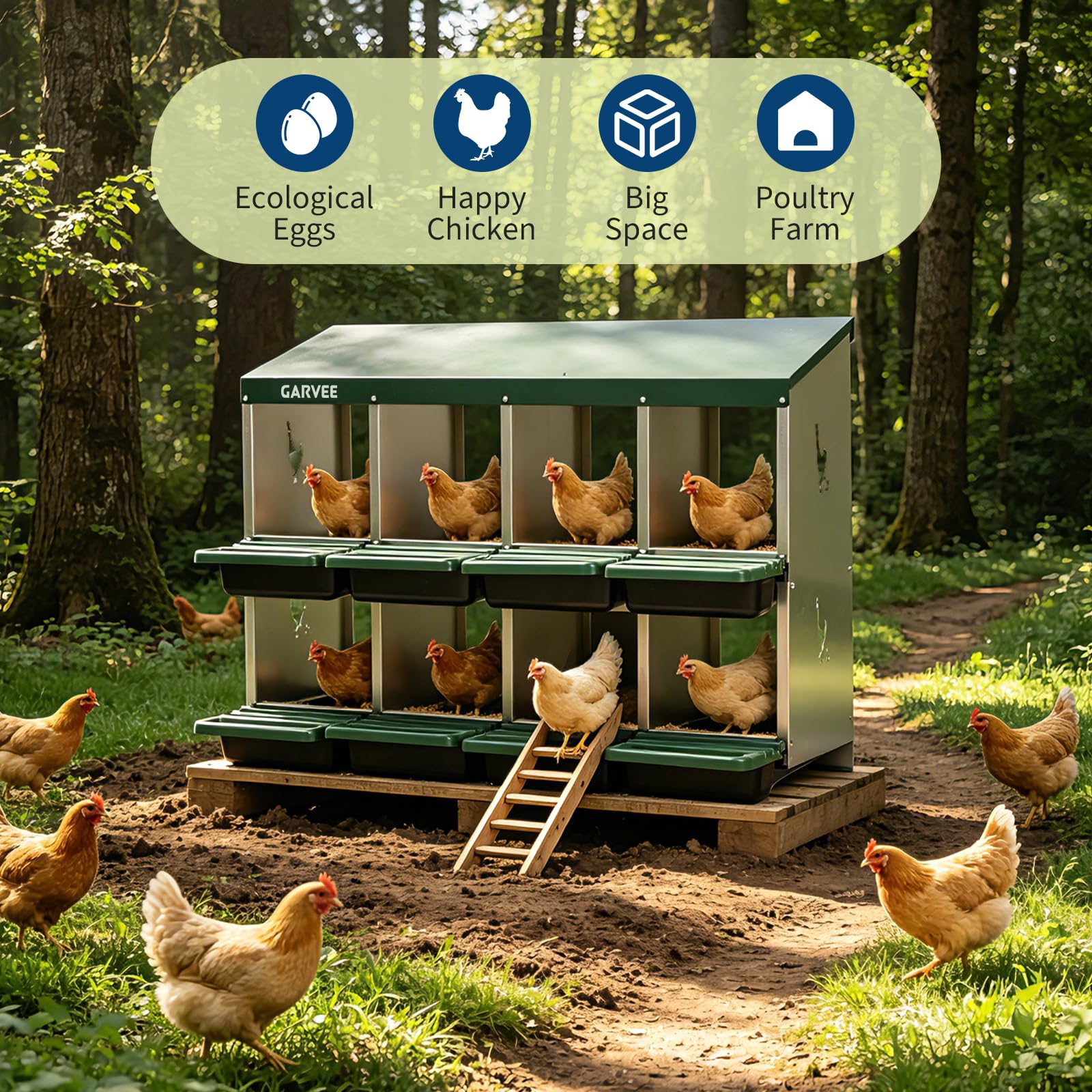 Garvee 8-Compartment Metal Chicken Nesting Box, Roll Away Layering Box with Sloped Anti-Perch Roof, 41.7"x12.8"x30.9", Green