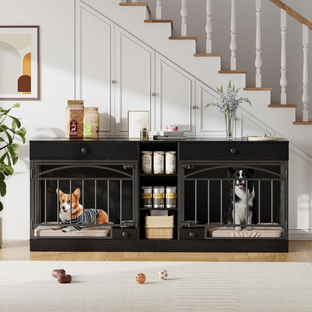 Garvee Dog Crate Furniture for 2 Dogs, 78.7" Large Dog Kennel Indoor with 2 Storage Drawers, 3 Shelves and Feeding Bowls, Double Dog Crate TV Stand for Small and Medium Dogs, Black