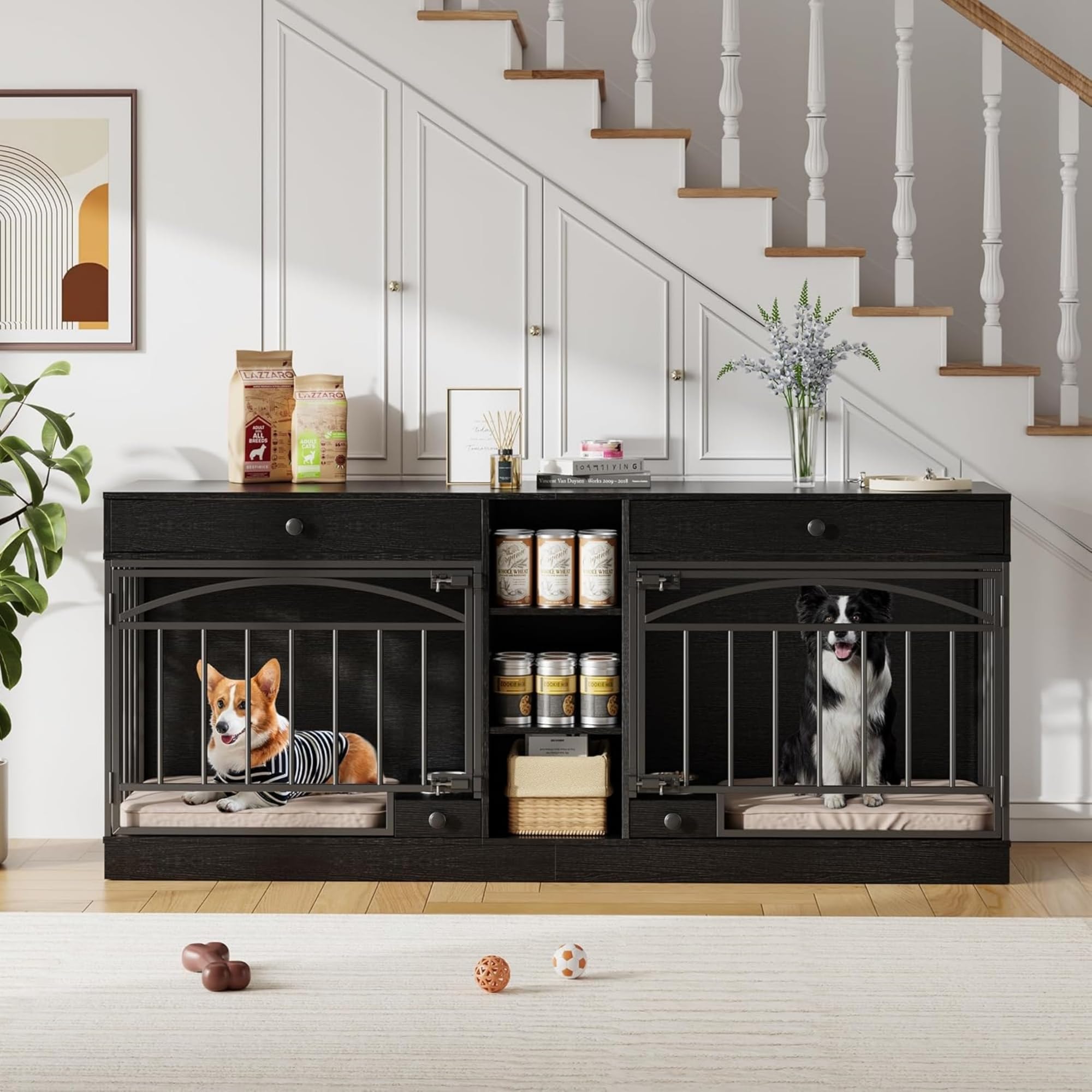 Garvee Dog Crate Furniture for 2 Dogs, 78.7" Large Dog Kennel Indoor with 2 Storage Drawers, 3 Shelves and Feeding Bowls, Double Dog Crate TV Stand for Small and Medium Dogs, Black