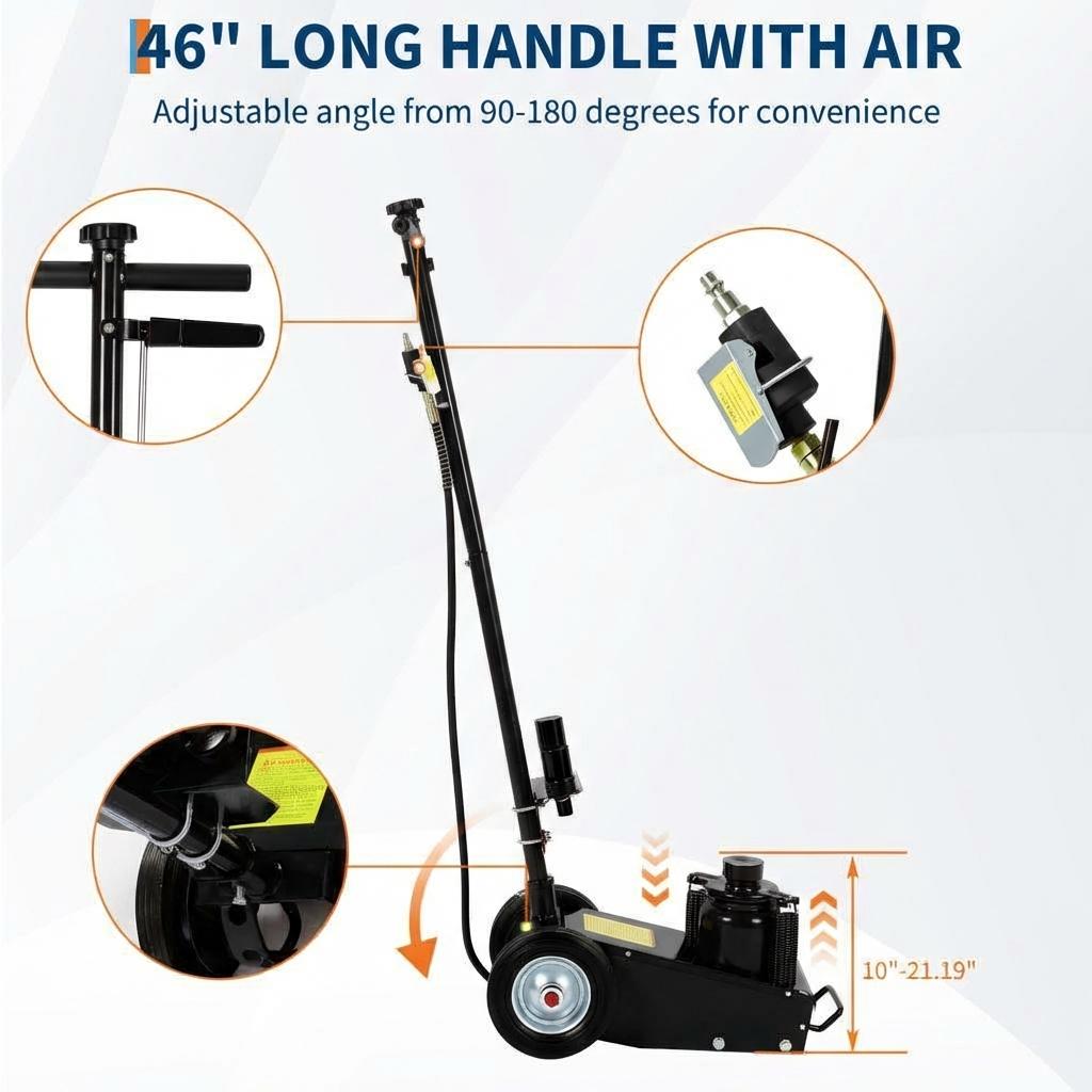 Garvee 35 Ton Air Hydraulic Floor Jack – Heavy Duty, Low Profile 10"-21.19" – Dual Power (Air/Manual), 77,000 lbs Capacity – 4 Lift Adapters, 46" Adjustable Handle, for Trucks, Tractors – Model 8022-2, Black