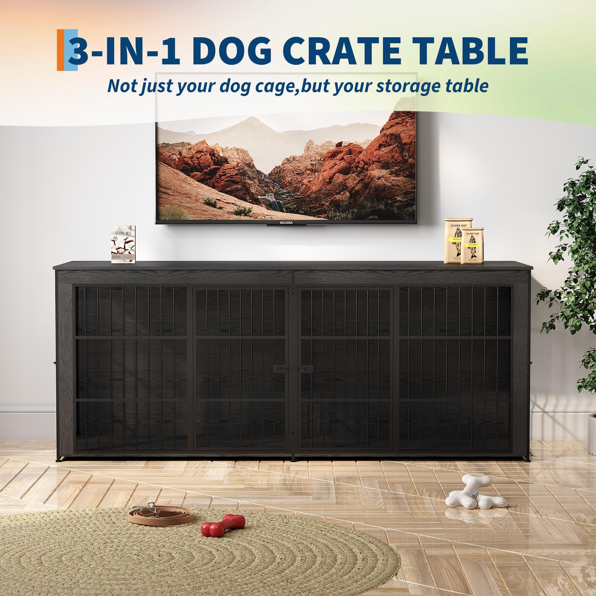 Garvee 94.5" Extra Large Dog House Furniture, Heavy Duty Wooden Dog Kennel Indoor End Table, TV Stand  for Large/Medium Dogs, 4 Doors, Divider, Storage, Adjustable Feet, Gray