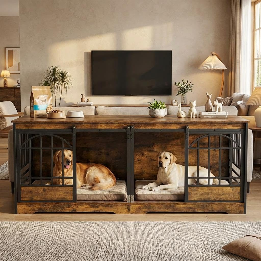 Garvee 78" Extra Large Dog Crate Furniture for 2 Dogs - Double Compartment, Sliding Barn Doors - Engineered Wood, Heavy Duty Steel Bars - Removable Divider, Farmhouse Style - Indoor Living Room, TV Stand