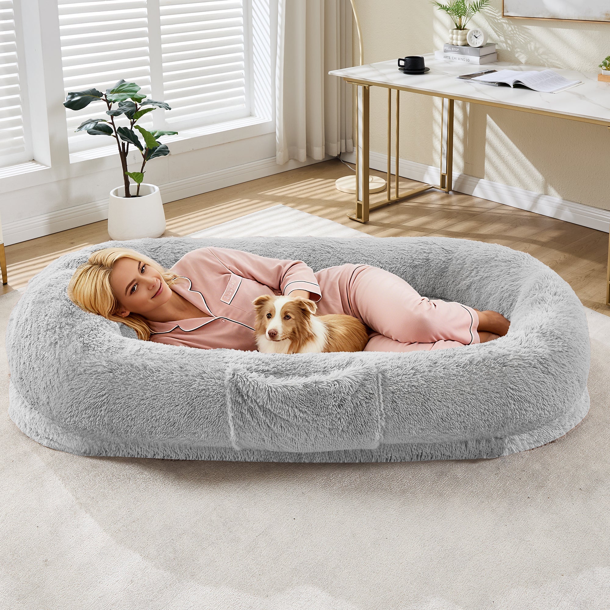 Garvee Orthopedic Memory Foam Dog Bed for Adults & Large Dogs – Oversized Calming Bean Bag Couch, Washable Faux Fur Cover, Side Pocket, Waterproof, Relaxing Nap Bed for Bedroom or Office – Light Gray