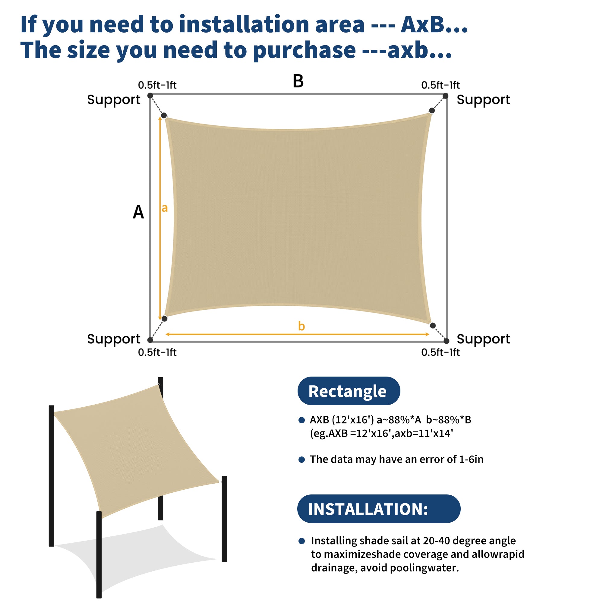 Garvee Sun Shade Sail 12' × 16' Rectangle, 95% UV Block Breathable HDPE Outdoor Canopy with Curved Edges and Installation Ropes for Patio, Backyard, Deck, Garden and Pool, Sand