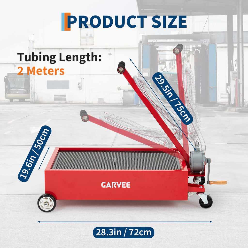 Garvee 25 Gallon Low Profile Oil Drain Pan with 110V Electric Pump - Heavy Duty Oil Change Cart - 8.2 Ft Hose, Rolling Casters, Collapsible T-Handle - For Cars, Trucks, SUVs, RVs - Waistline Version, Red, 25 Gallons, 110V Electric Pump, 8.2 Ft Hose