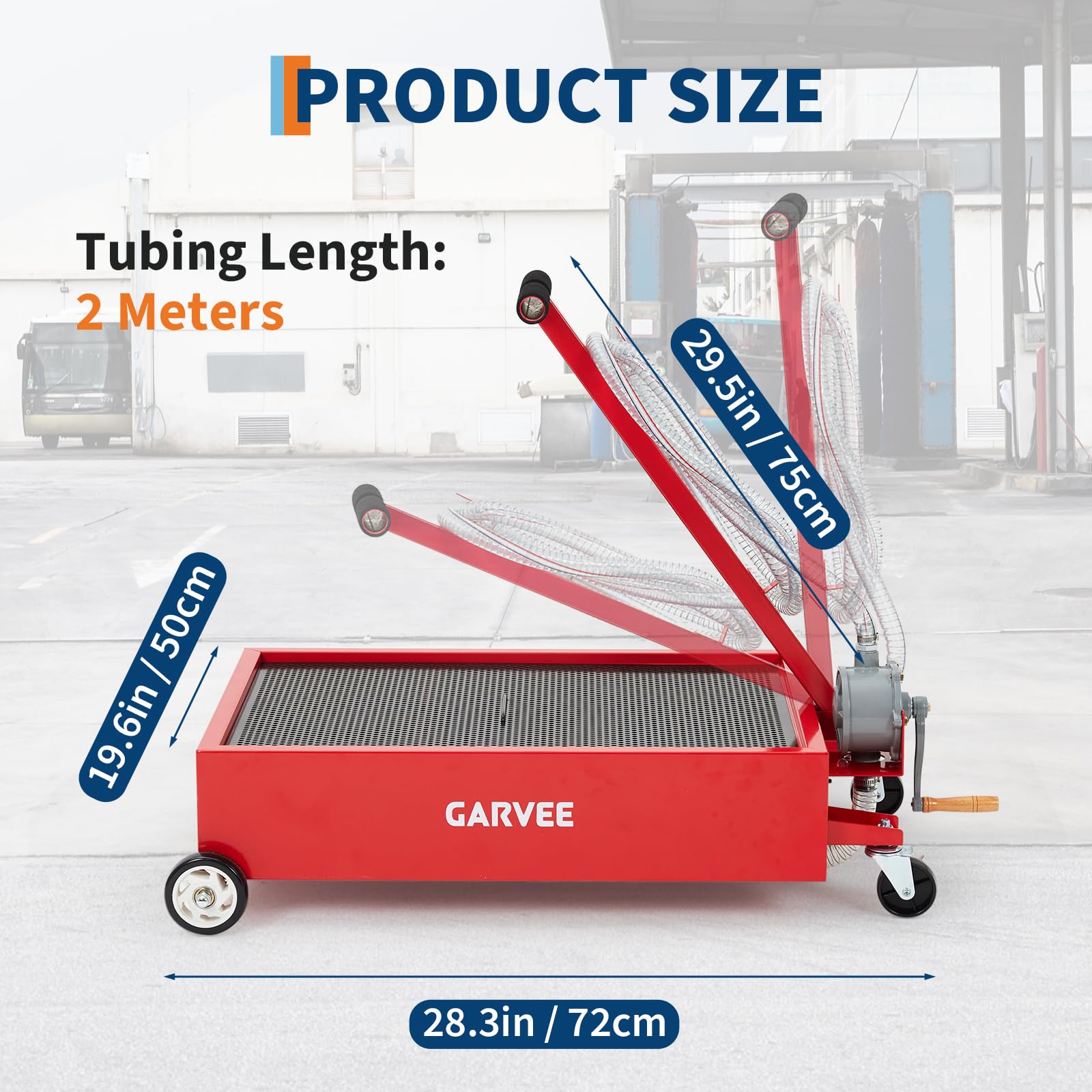Garvee 25 Gallon Low Profile Oil Drain Pan with 110V Electric Pump - Heavy Duty Oil Change Cart - 8.2 Ft Hose, Rolling Casters, Collapsible T-Handle - For Cars, Trucks, SUVs, RVs - Waistline Version, Red, 25 Gallons, 110V Electric Pump, 8.2 Ft Hose