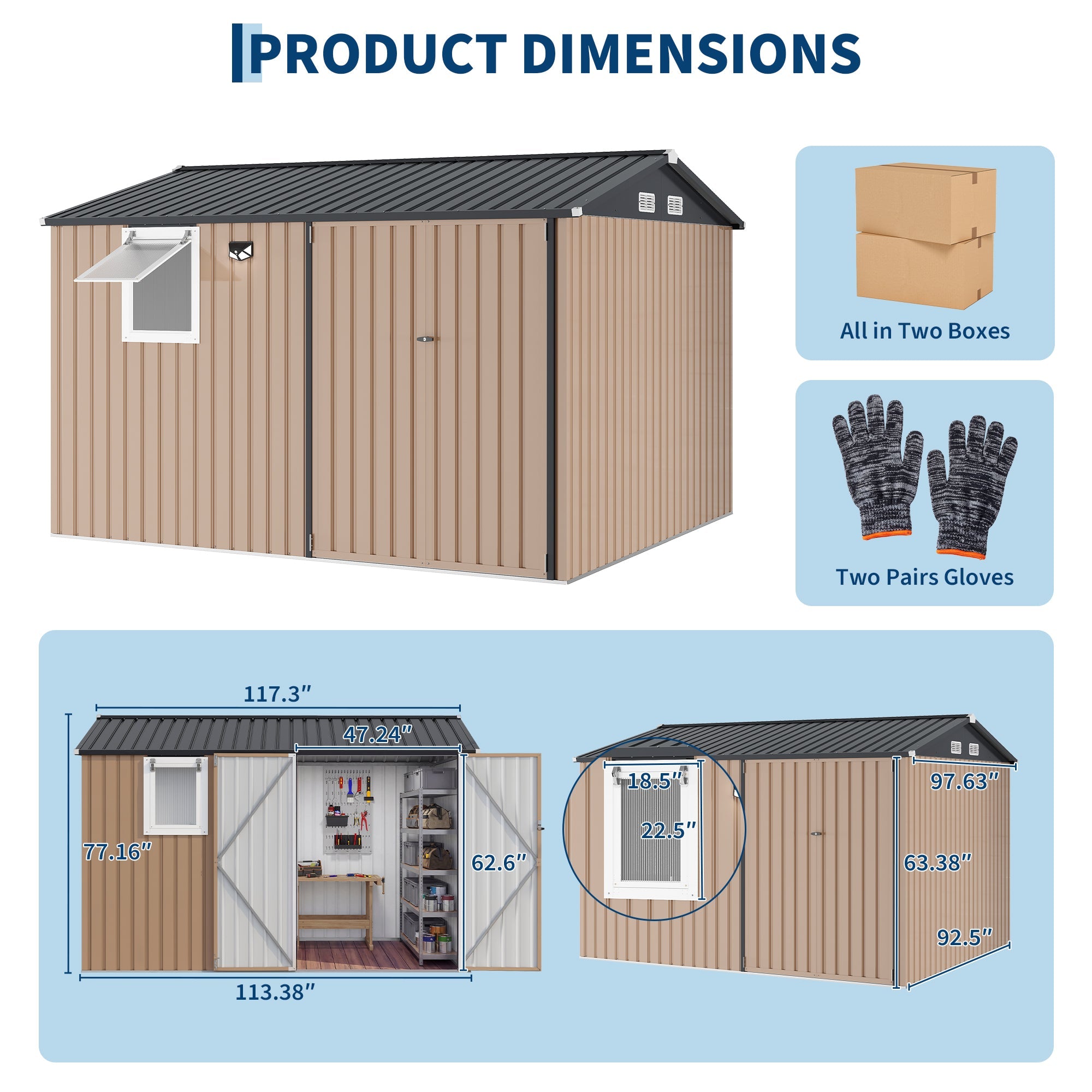 Garvee 10x8FT Brown Metal Outdoor Storage Shed with Pushable Window, LED Light & Pegboard, Lockable Double Doors, Sloping Roof, Ventilation, Corrosion-Resistant Steel Garden Tool Shed for Patio, Backyard & Garage