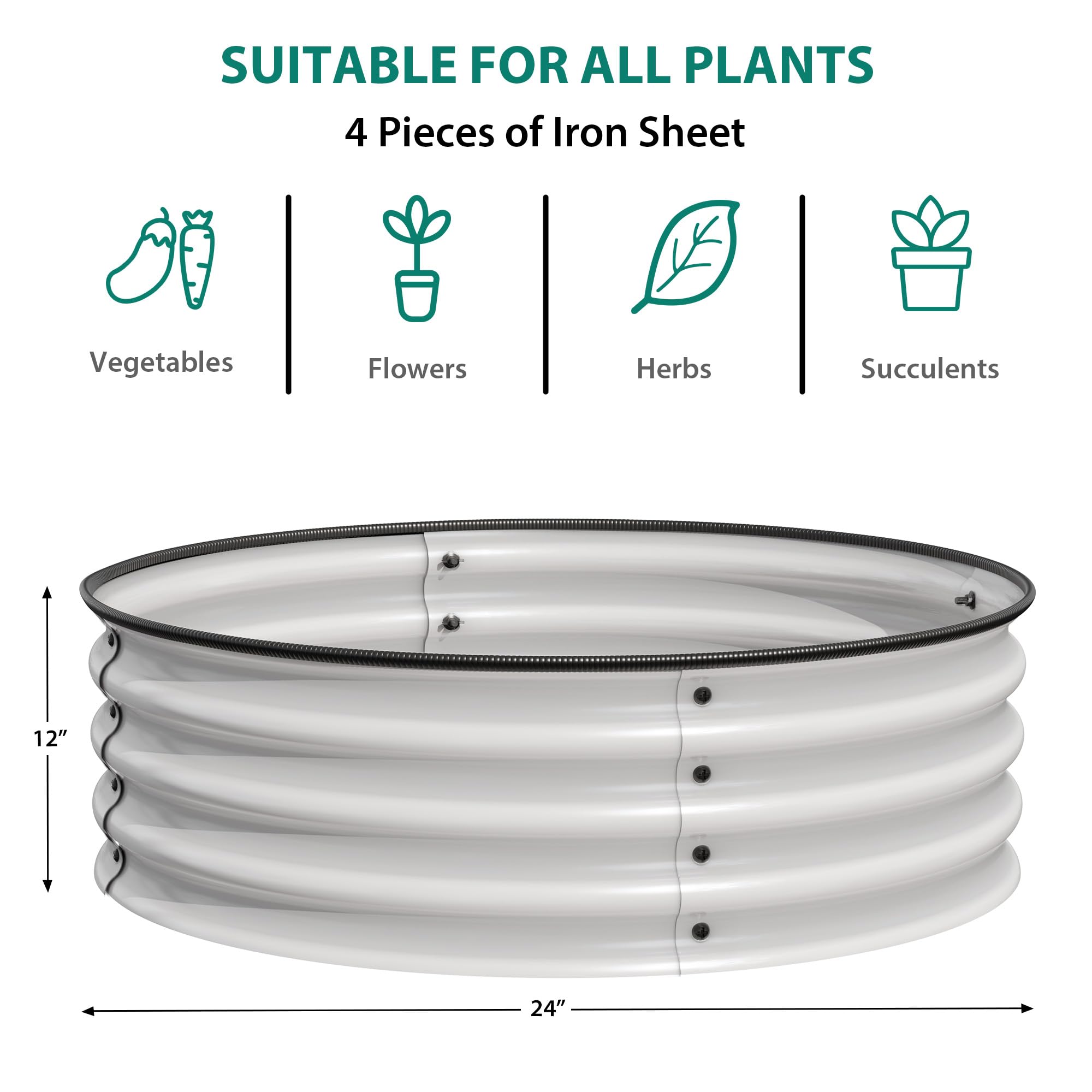 Garvee 2-Pack Round Metal Raised Garden Bed, 2x1FT Galvanized Planter Boxes, Rust-Resistant, Open Bottom, Safe Edge, Easy Assembly for Vegetables, Flowers & Herbs – White