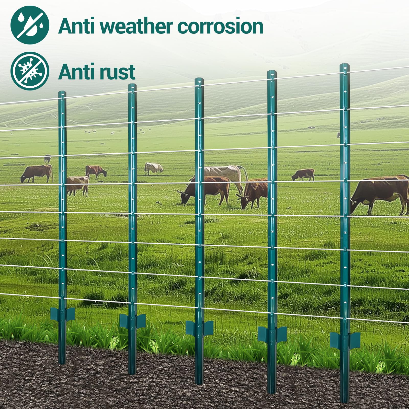 Garvee Heavy Duty Metal U-Channel Fence Stakes (10-Pack) – 5FT Weather Resistant Green Coated Garden Posts with Stability Anchor Plates for Farm, Lawn & Yard Wire Fencing