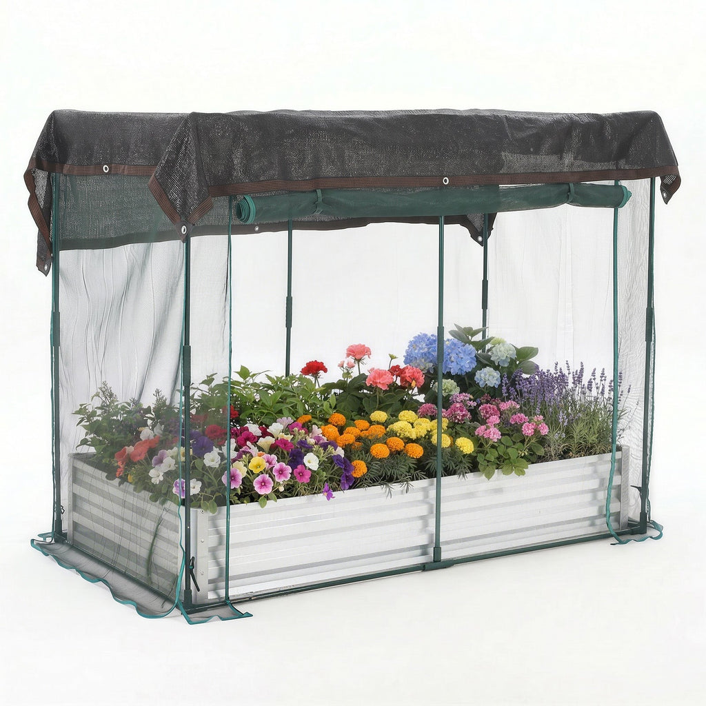 Garvee Silver Galvanized Raised Garden Bed with Crop Cage, 6×3×1ft Metal Planter Box with Plant Protection Net & Shade Cloth Roof, Zippered Doors Outdoor Garden Bed for Vegetables Herbs Flowers